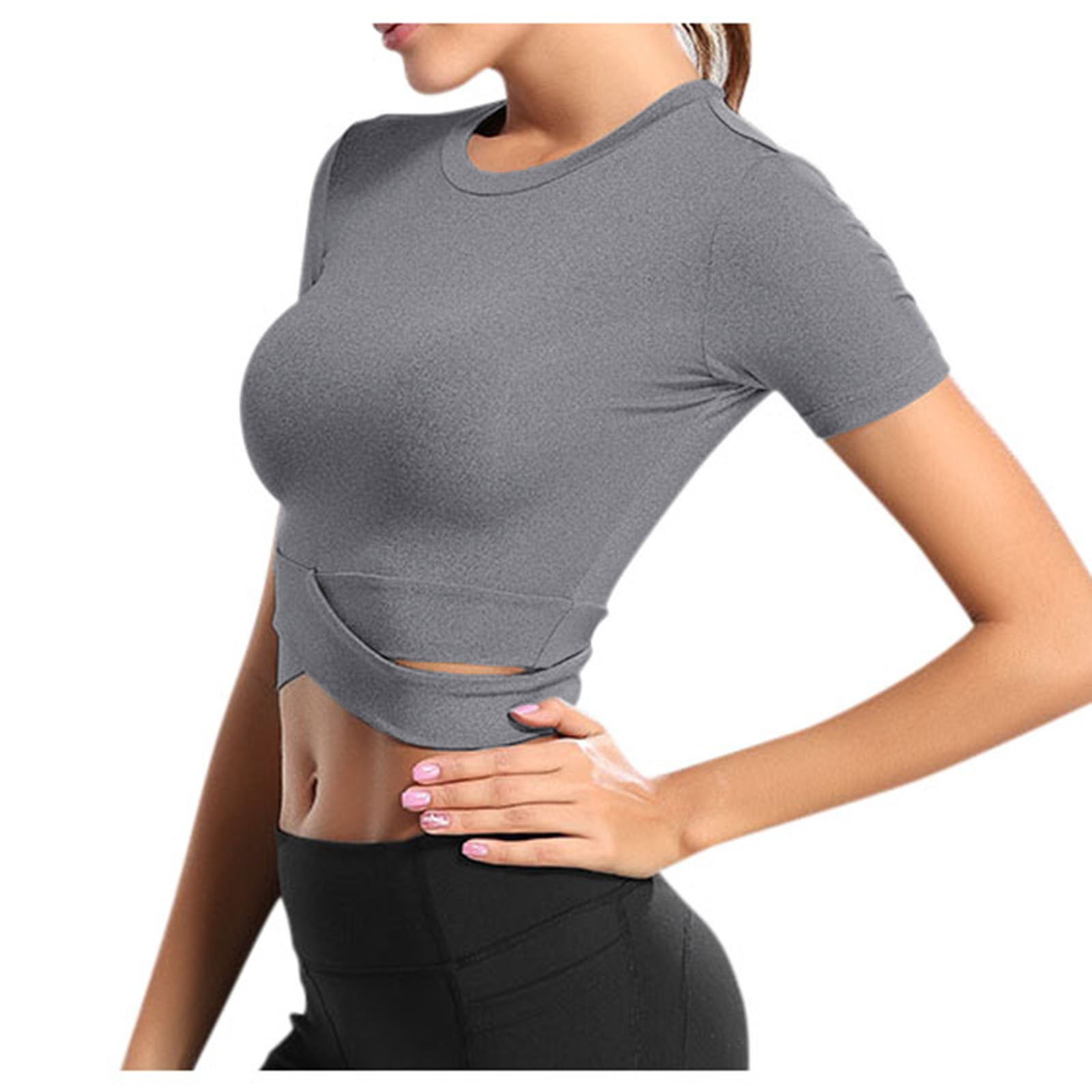 thumbnail image 3 of Blusas de manga corta holgadas para yoga, blusas informales transpirables con cuello redondo, 3 of 8
